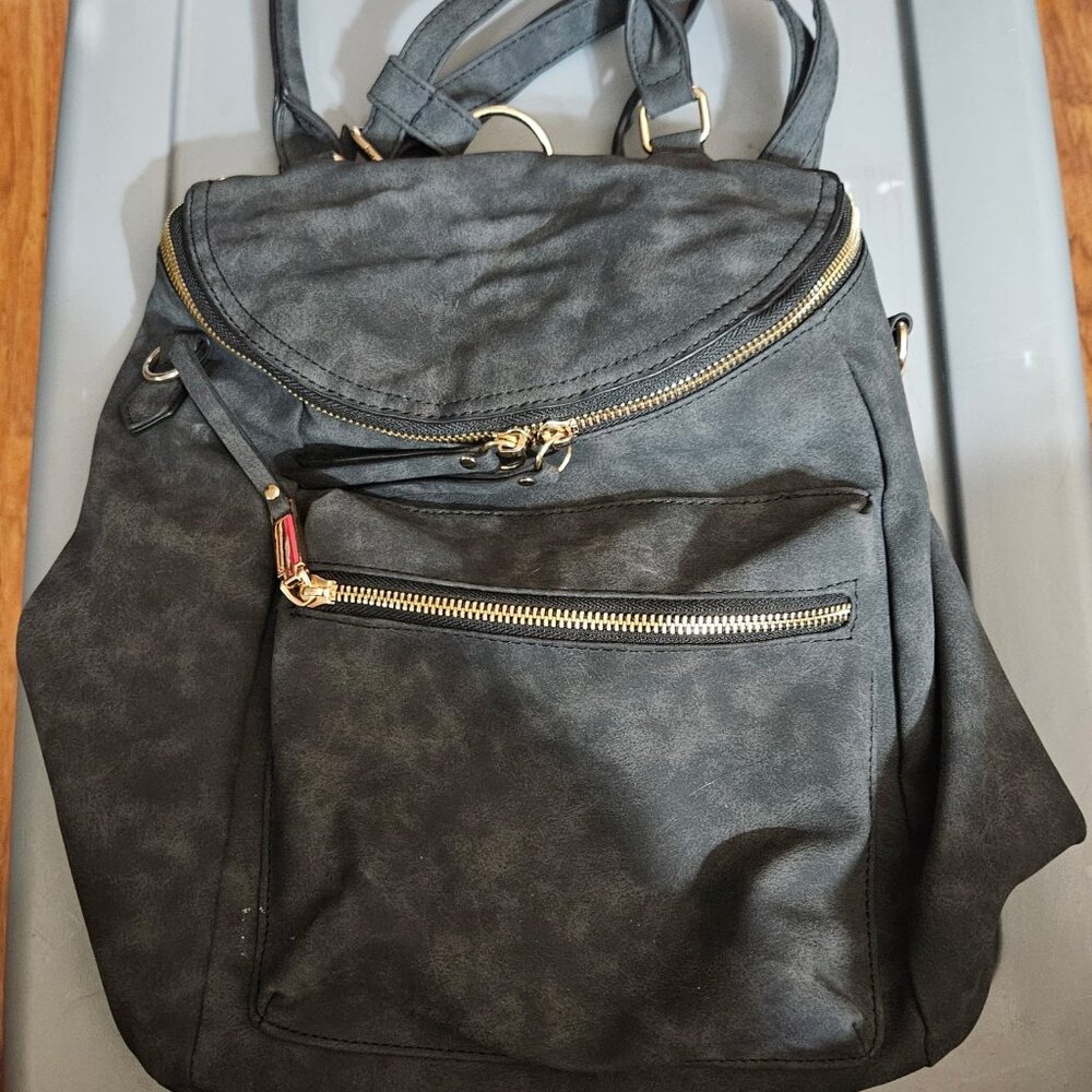 Black Faux Suede Backpack Purse for Women with Zipper Closure